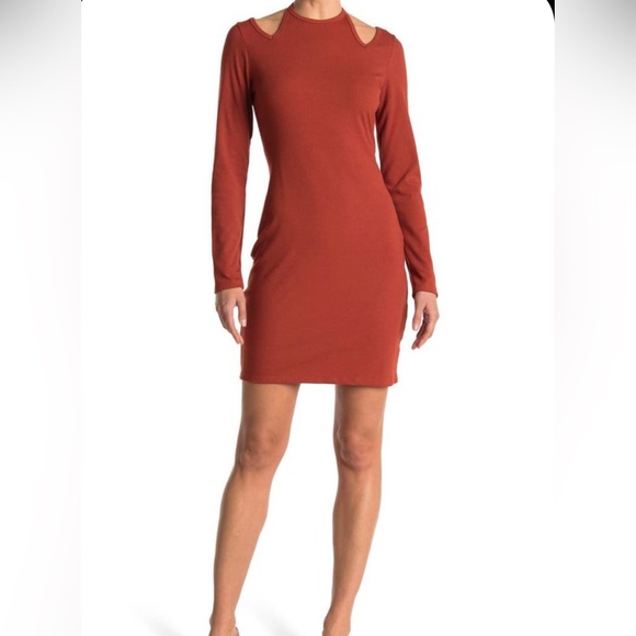 Dual Nature Ribbed Cold Shoulder Halter Bodycon Dress Brick XS - Picture 1 of 6
